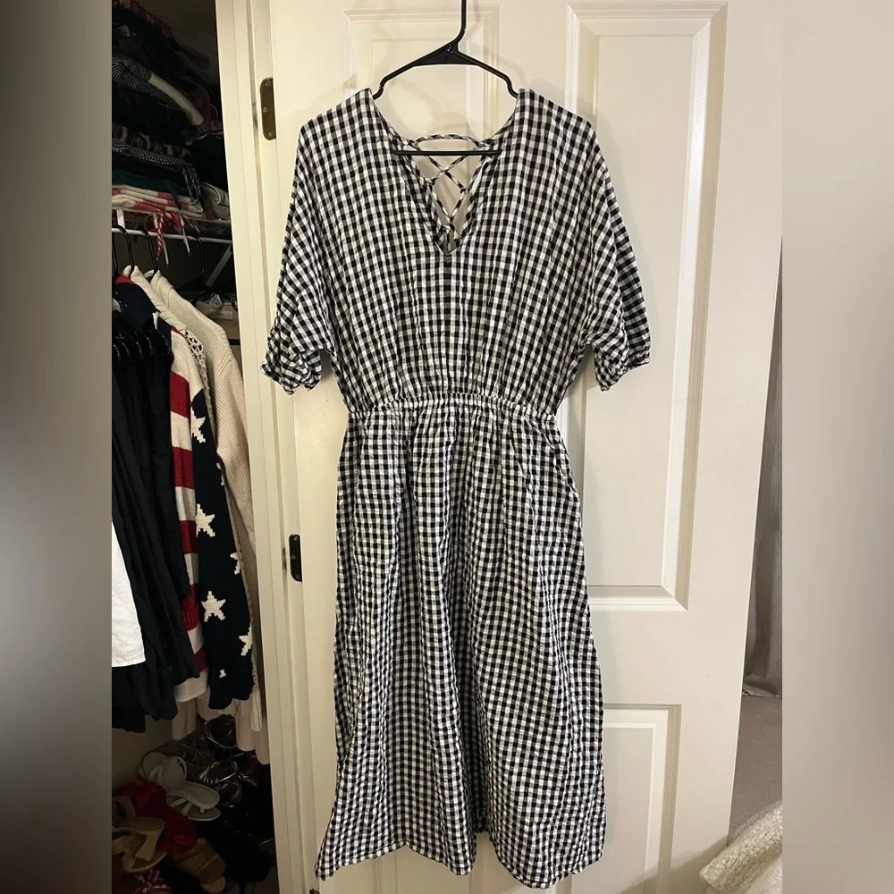 Mango Black & White Gingham V-Neck Open Back Midi Dress - Picture 2 of 6